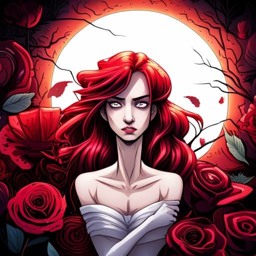 Gothic Cartoon Princess in Crimson Rose Garden