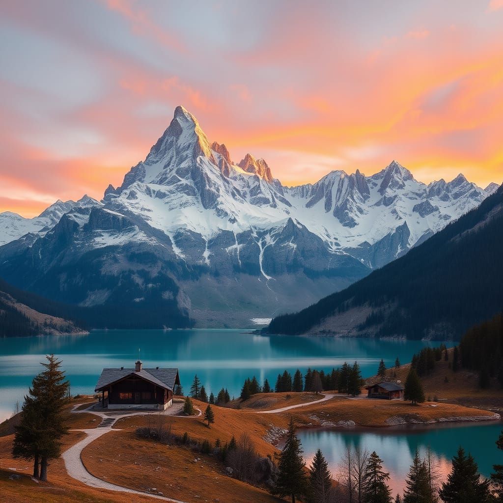Golden Hour Swiss Alps Panorama with Turquoise Lake