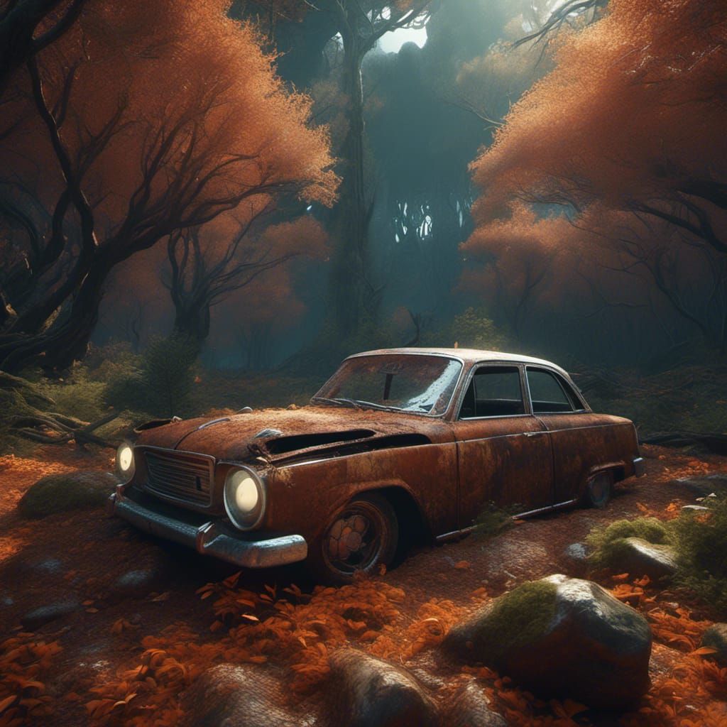 Rusty Car in Overgrown Forest: Detailed Matte Painting