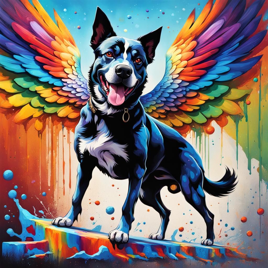 Flying Blue Dog with Rainbow Wings in Graffiti Art