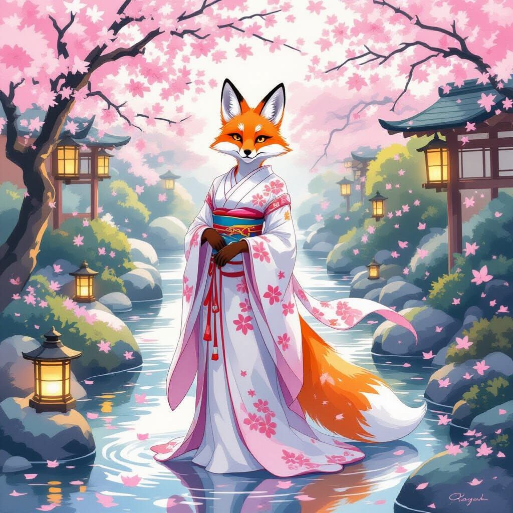 Mystical Fox Goddess in Japanese Garden, Anime Style