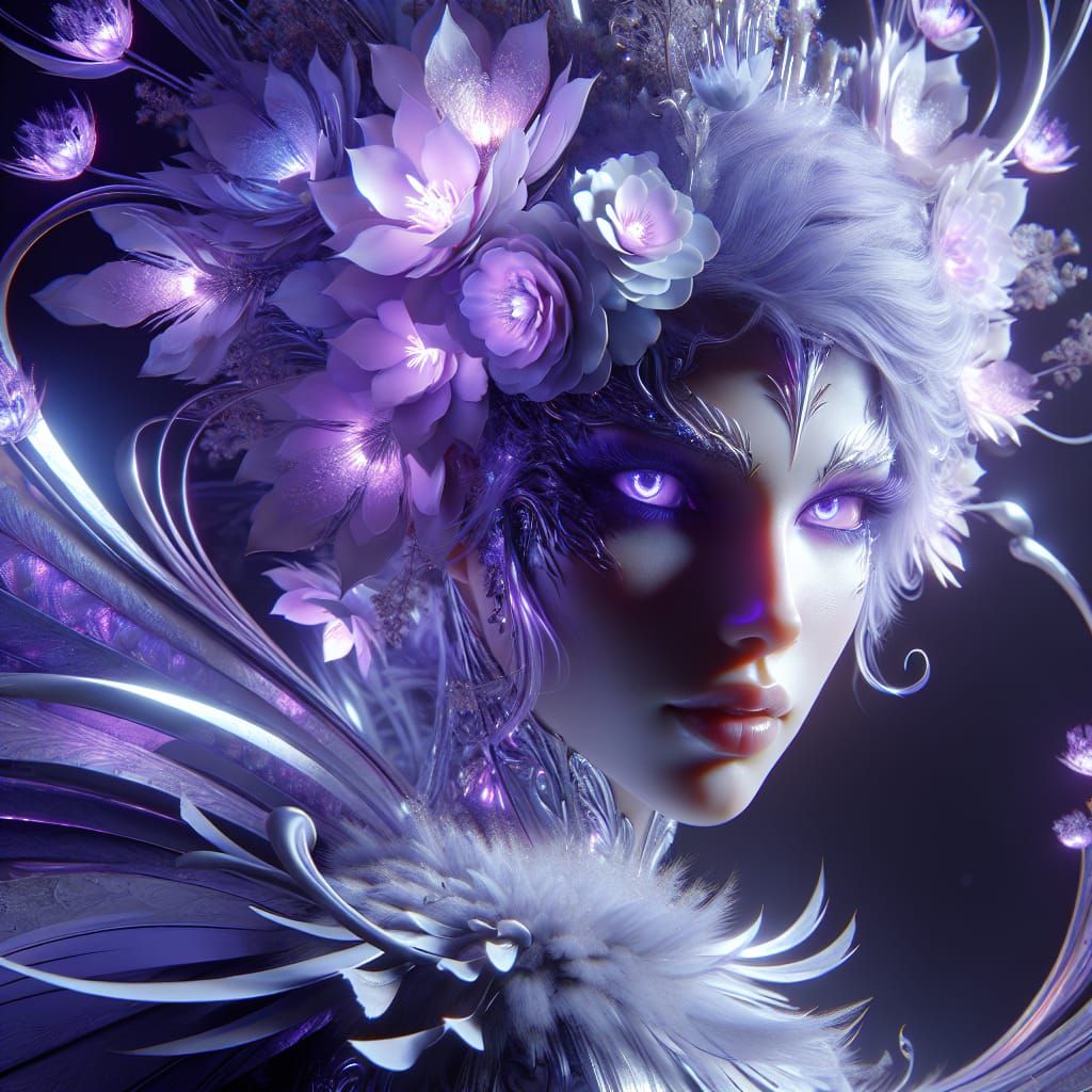 Ice Queen with Violet Eyes and Luminous Flowers