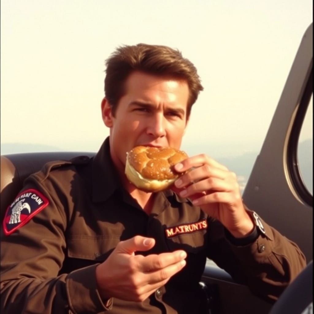 Tom Cruise in his uniform as Maverick in "Top Gun" eating a rich rum sticky bun