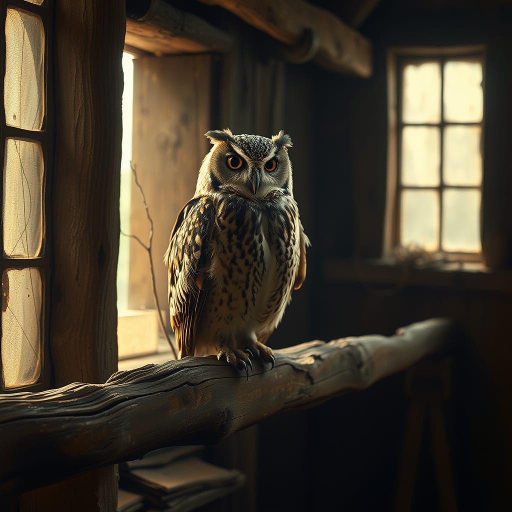 Wise Owl in Rustic Barn, in the Style of Dutch Masters