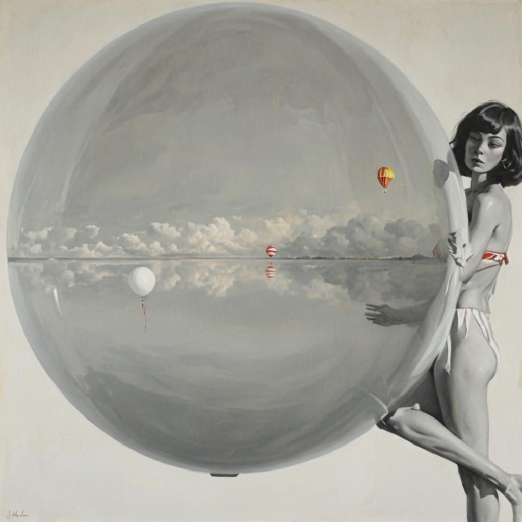 Surreal Woman with Balloon in Oil Painting Style