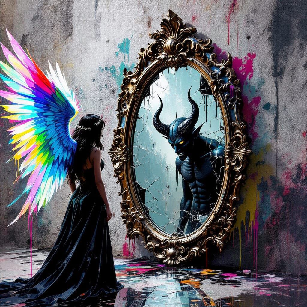 Angel Sees Demon in Cracked Mirror, Graffiti Art Style