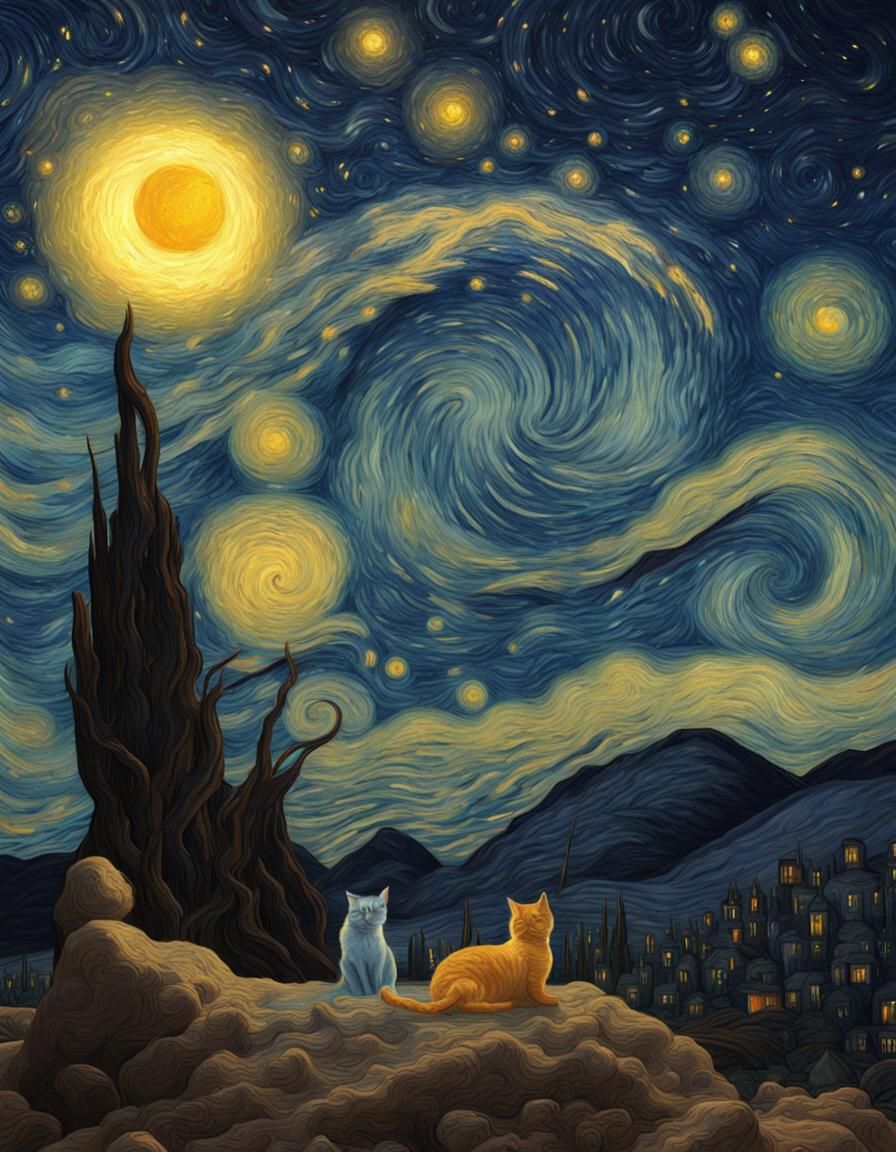 Cat and Dog Embrace a Van Gogh Starry Night