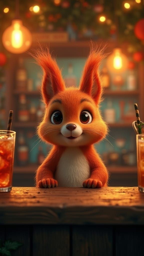 Whimsical Red Squirrel Barkeep in Autumnal Splendor