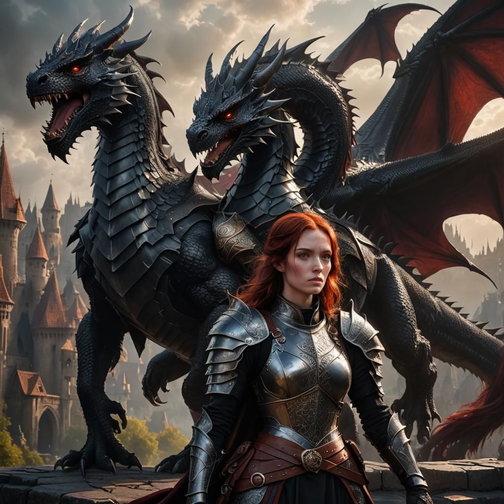 Majestic Dark Fantasy Scene with Dragon and Warrior