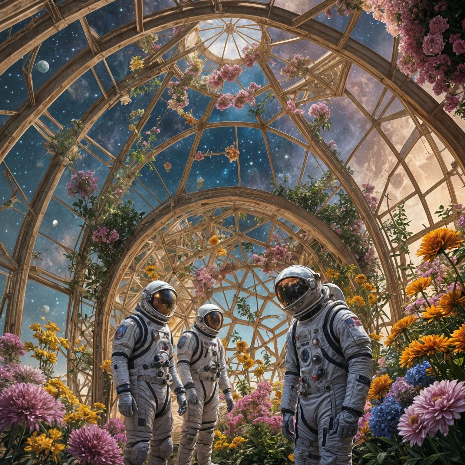 Astronauts Tend Lunar Garden in Geodesic Dome