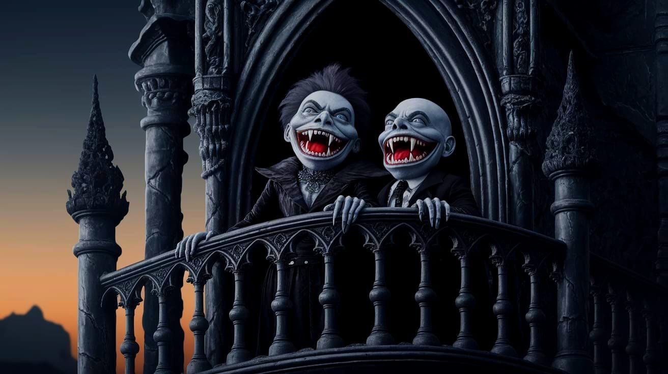 Gothic Vampires Statler and Waldorf in Dark Castle at Night