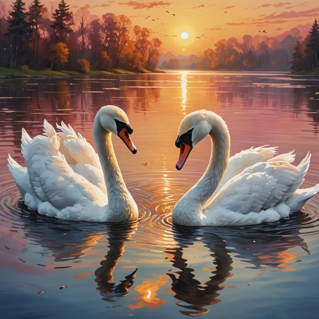 Swans Create Heart Shape on Lake at Sunset