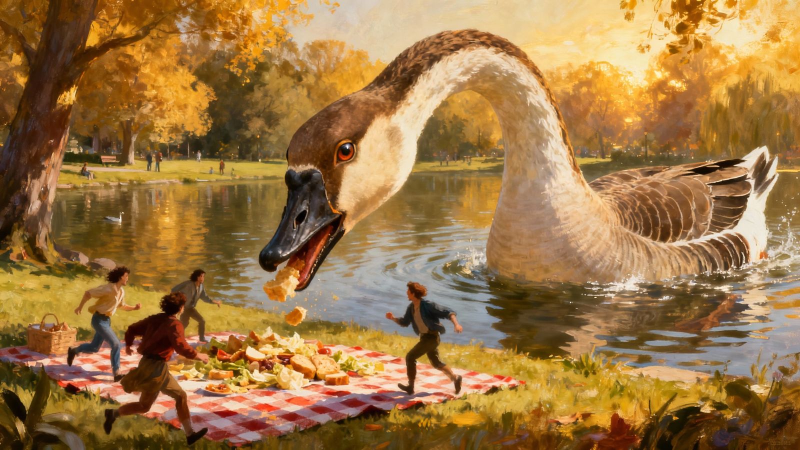 Colossal Goose Steals Picnic Food from Park Lake