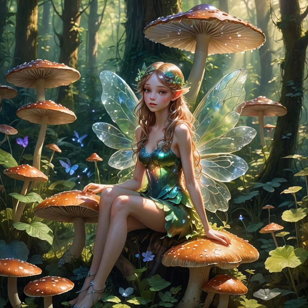 Tiny fairy sitting on a mushroom.
