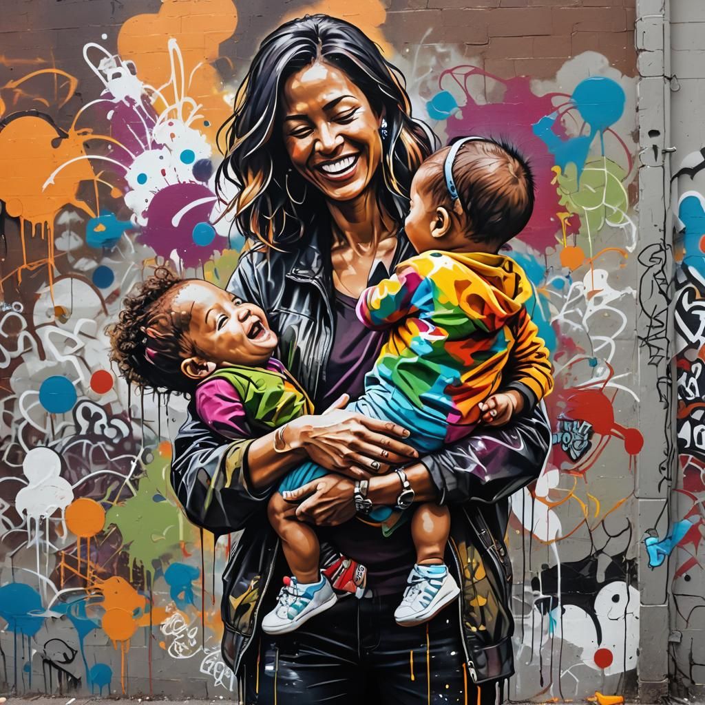 Mother and Baby in Colorful Graffiti Art