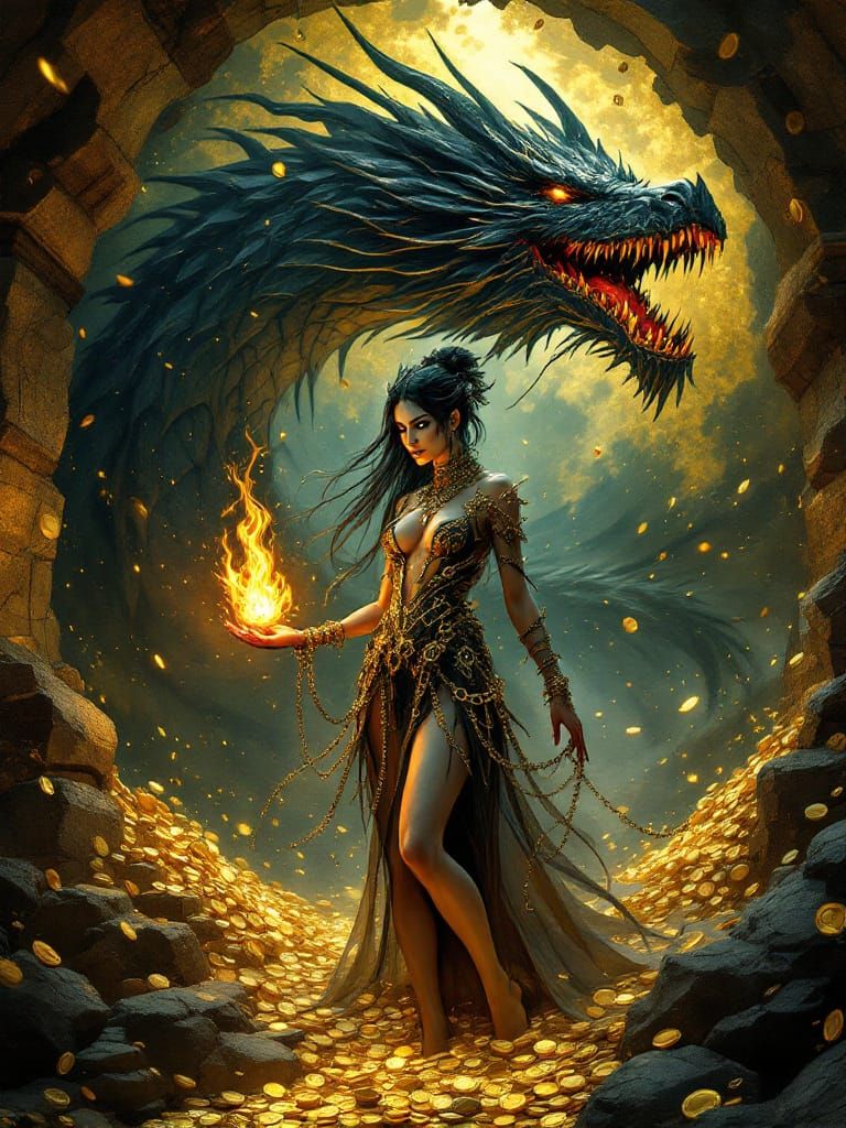 Enchantress in Dragon's Hoard with Glowing Flame