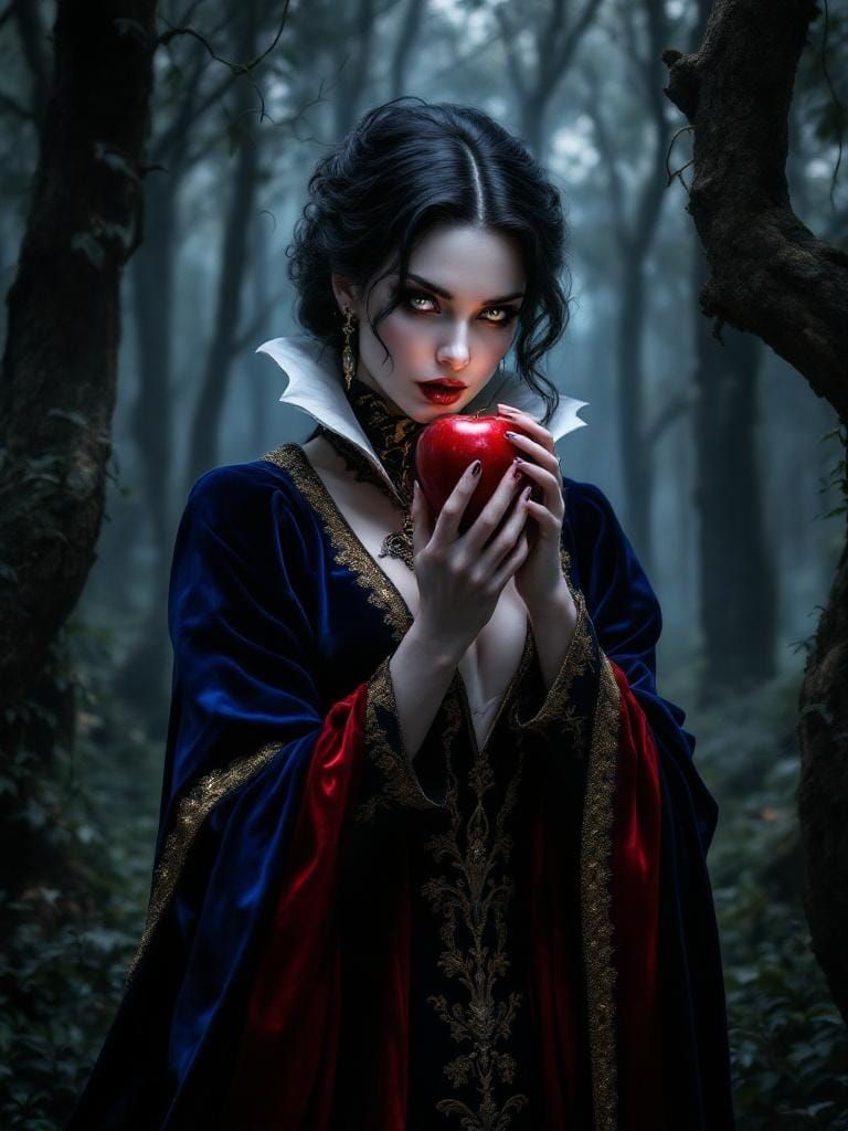 Dark Fairytale Queen with Apple in Ethereal Portrait