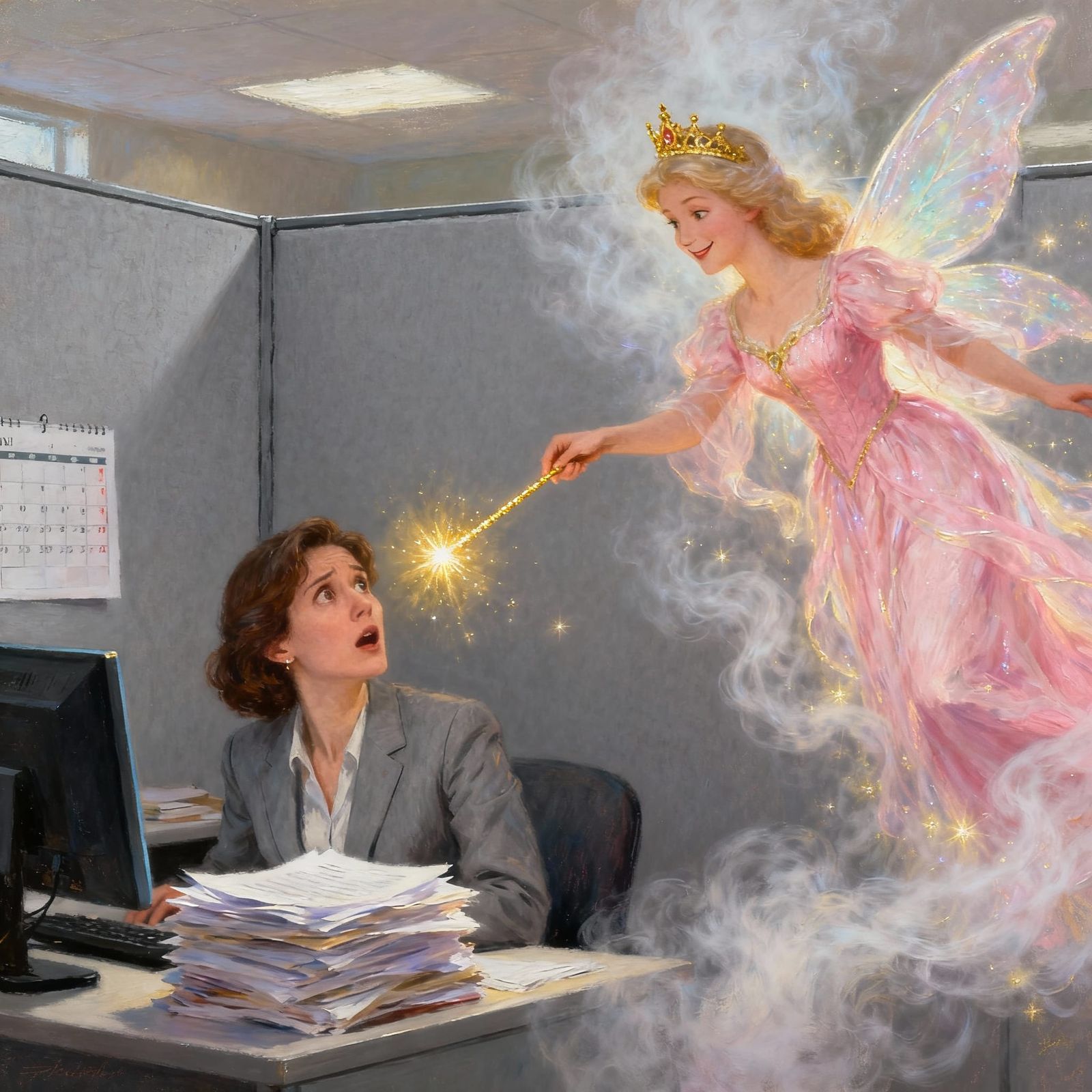 Businesswoman Meets Fairy Godmother in Cubicle