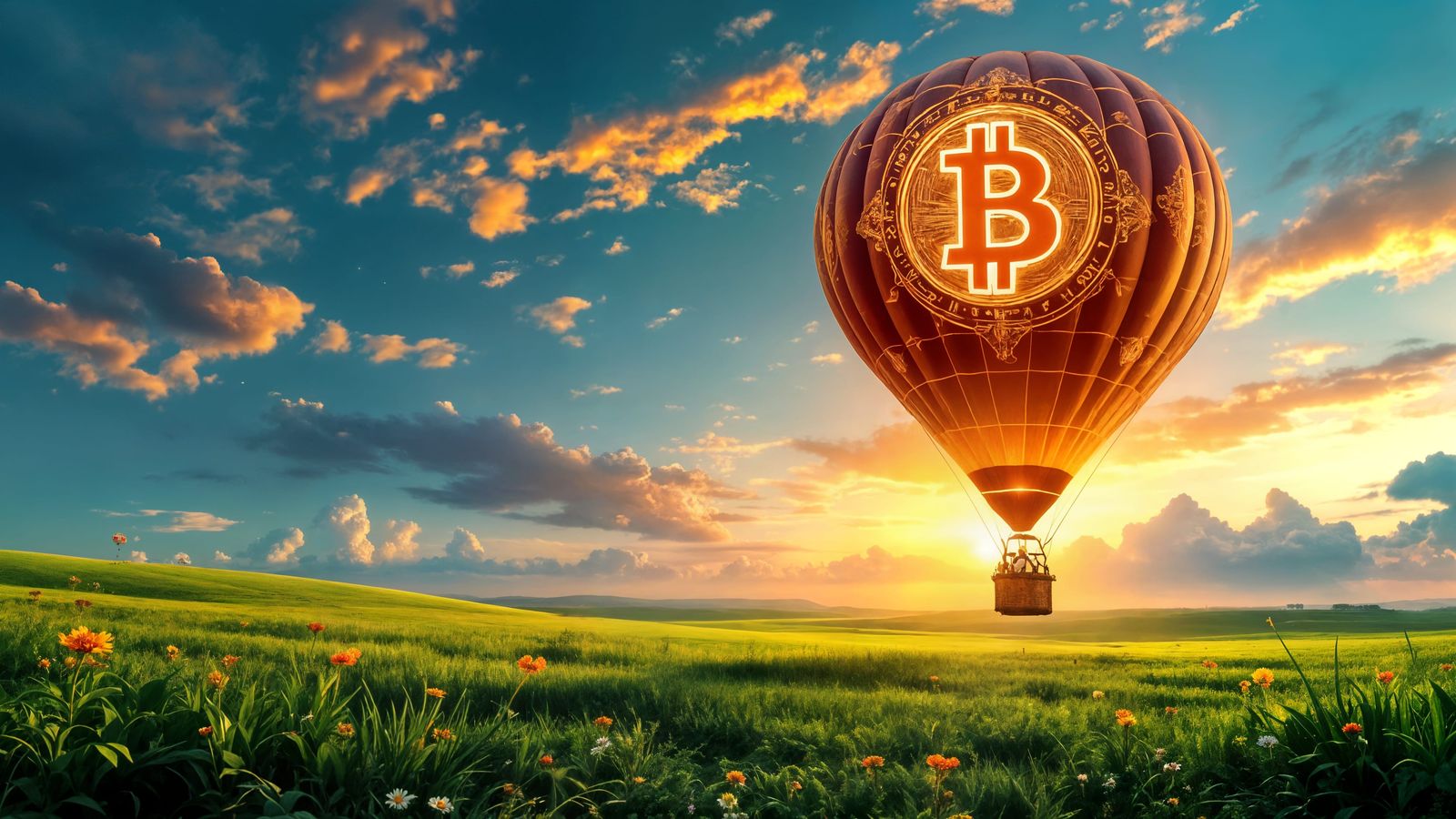 Hot Air Balloon Soars Over a Vibrant, Golden Landscape