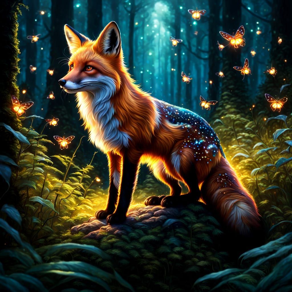 Fox, Fantasy forest filled with glimmering fireflies, Hyperr...