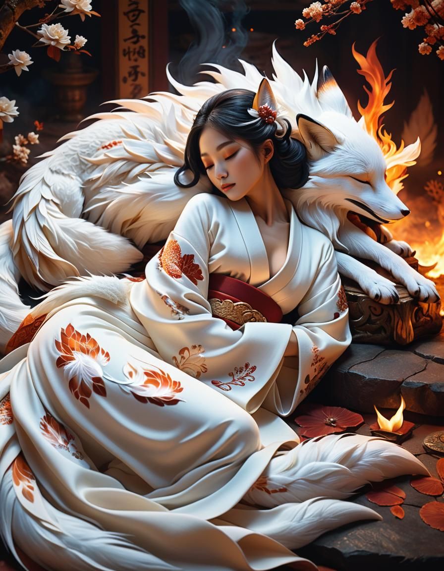 Girl Sleeps on Fox: Anime-Inspired 3D Art