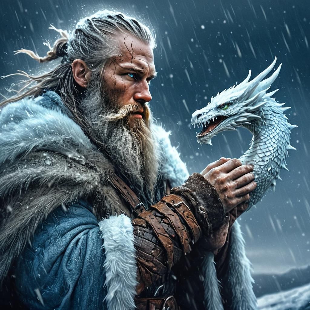 Viking Warrior Protects Luminous Dragon in Blizzard