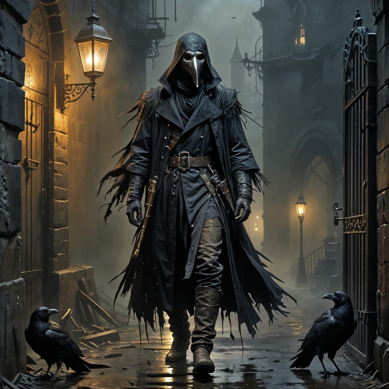 Gothic Plague Doctor with Raven in Shadowed Alley