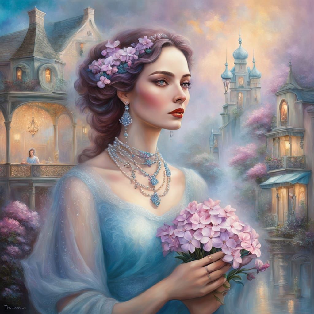 Surreal Oil Painting of a Girl in a Whimsical Town