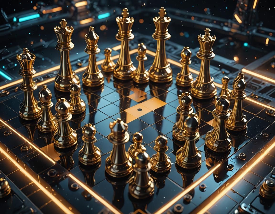 Futuristic Chess Game in Space with Neon Accents