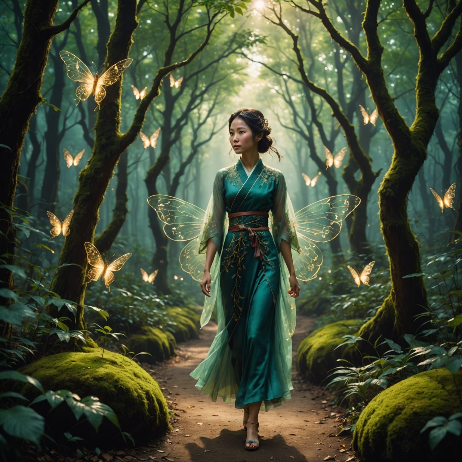 Elegant Woman on Forest Path Watched by Fairies