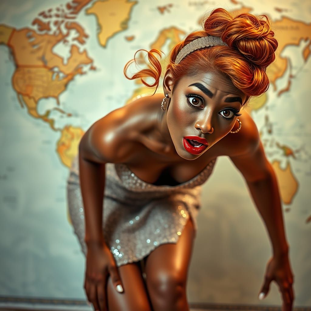 Redhead Zombie Pin-Up Woman with World Map Background