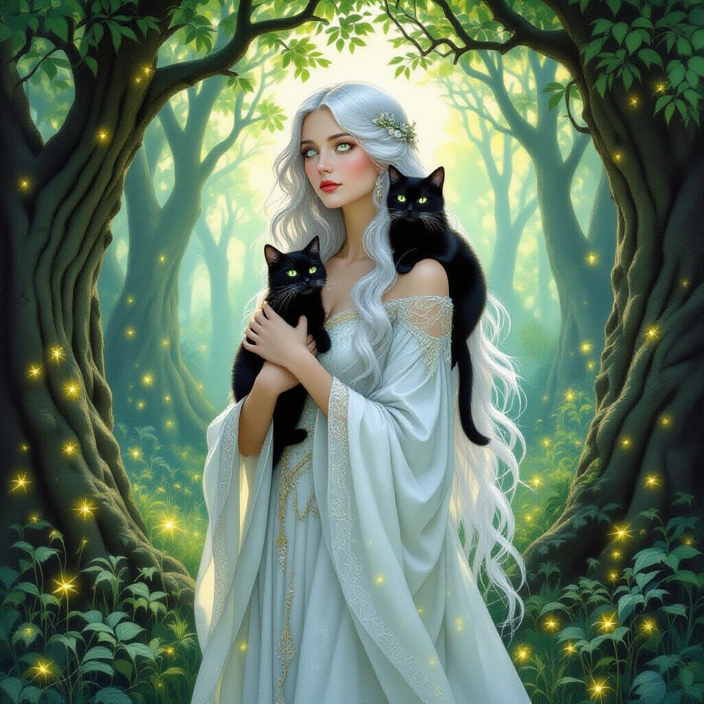 Moonlit Grove: Woman and Cat, Pre-Raphaelite Style