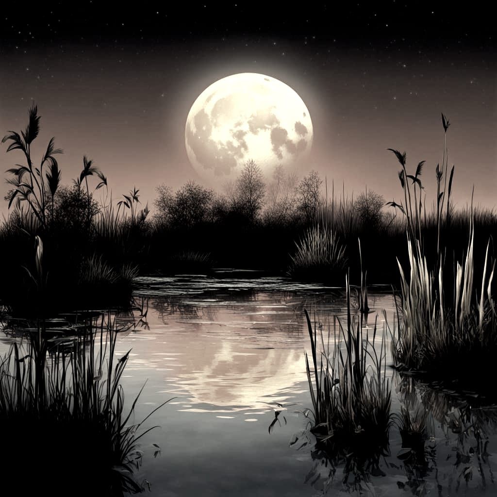 Large Silver Moon Reflecting in Reed-Lined Pond