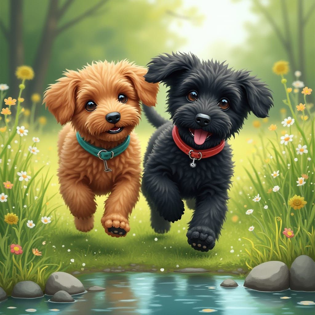 Puppy and Schnoodle Playing in a Lush Meadow