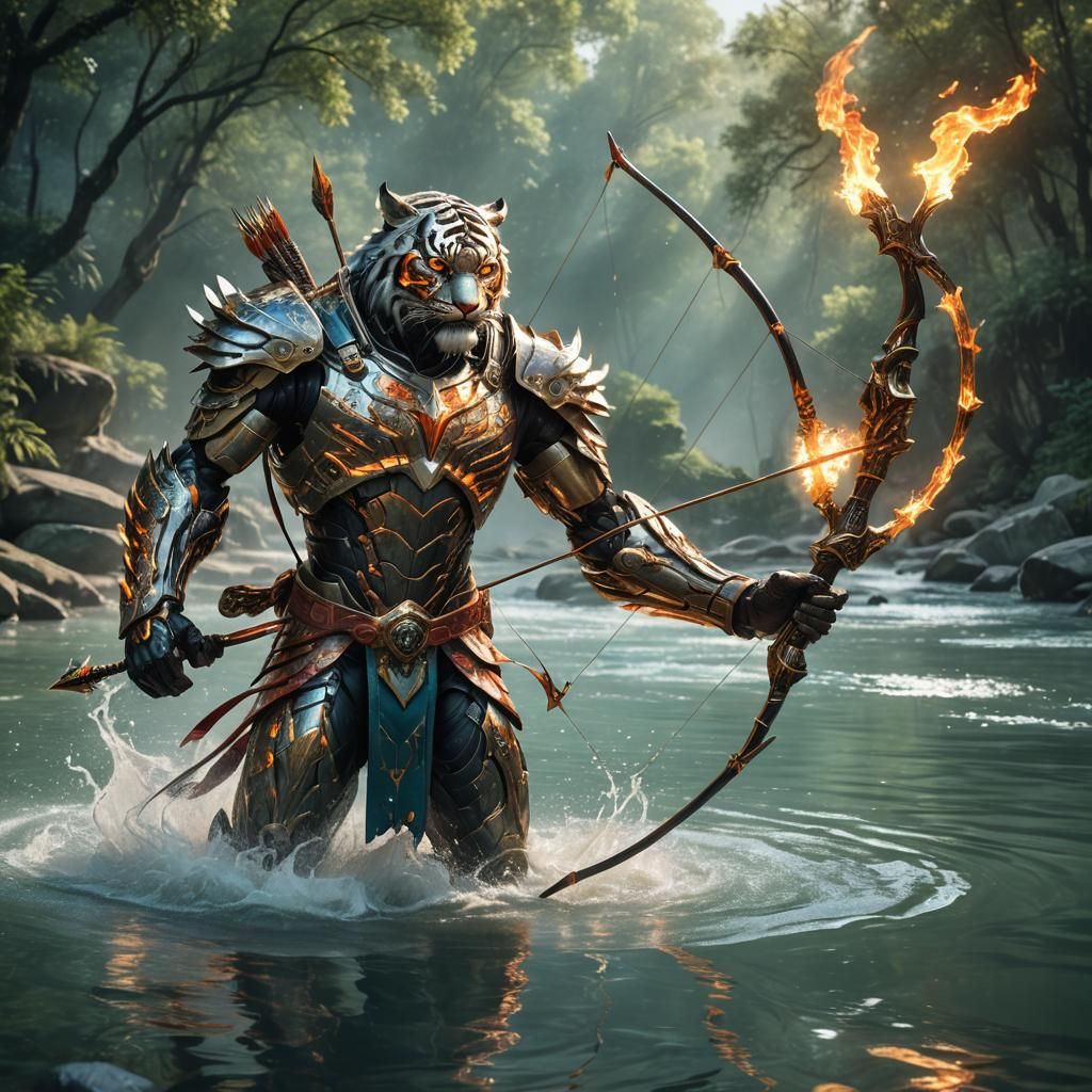 Mecha Tiger Warrior Aims Fiery Arrow