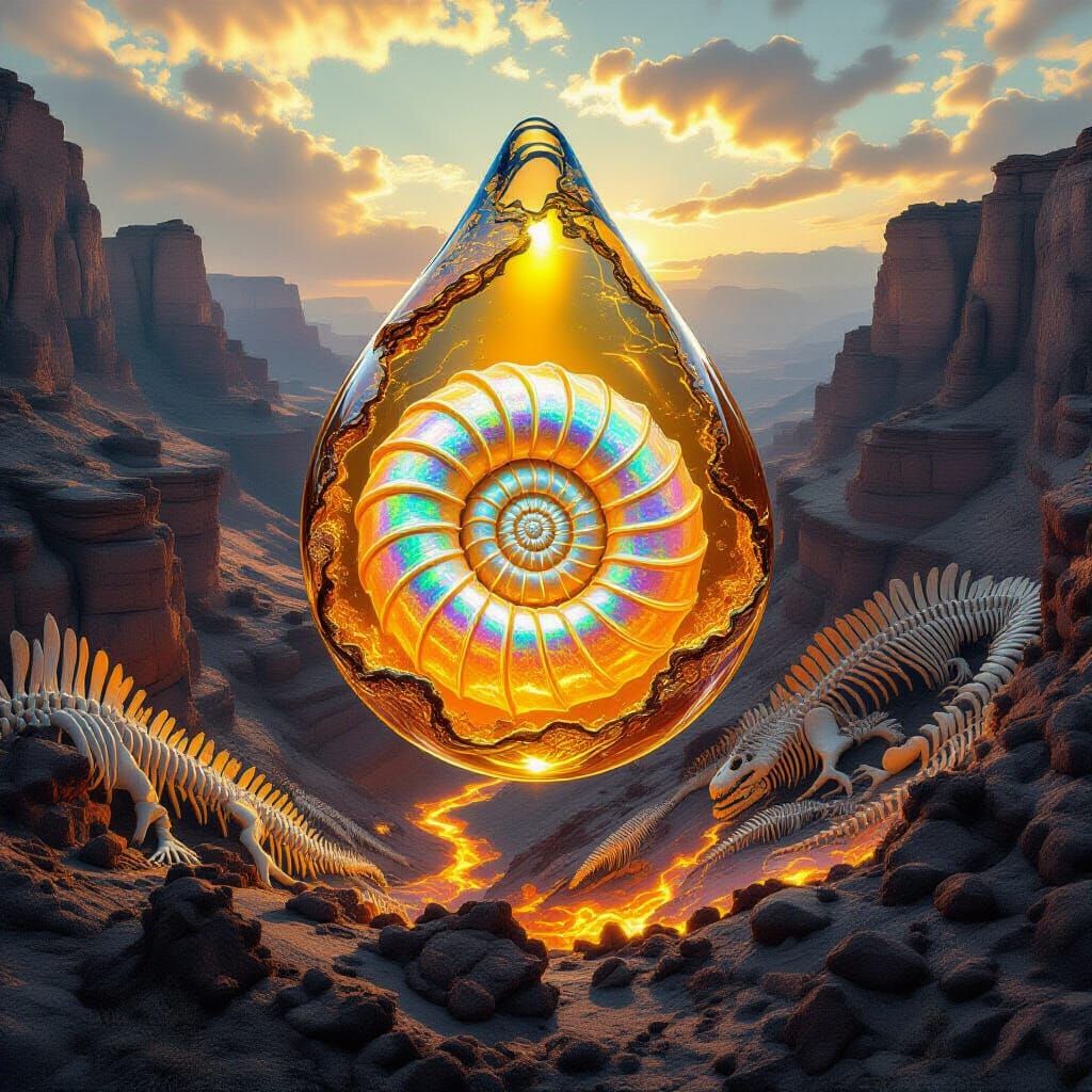 Phosphorescent Ammonite in Amber Droplet Above Fossil Canyon