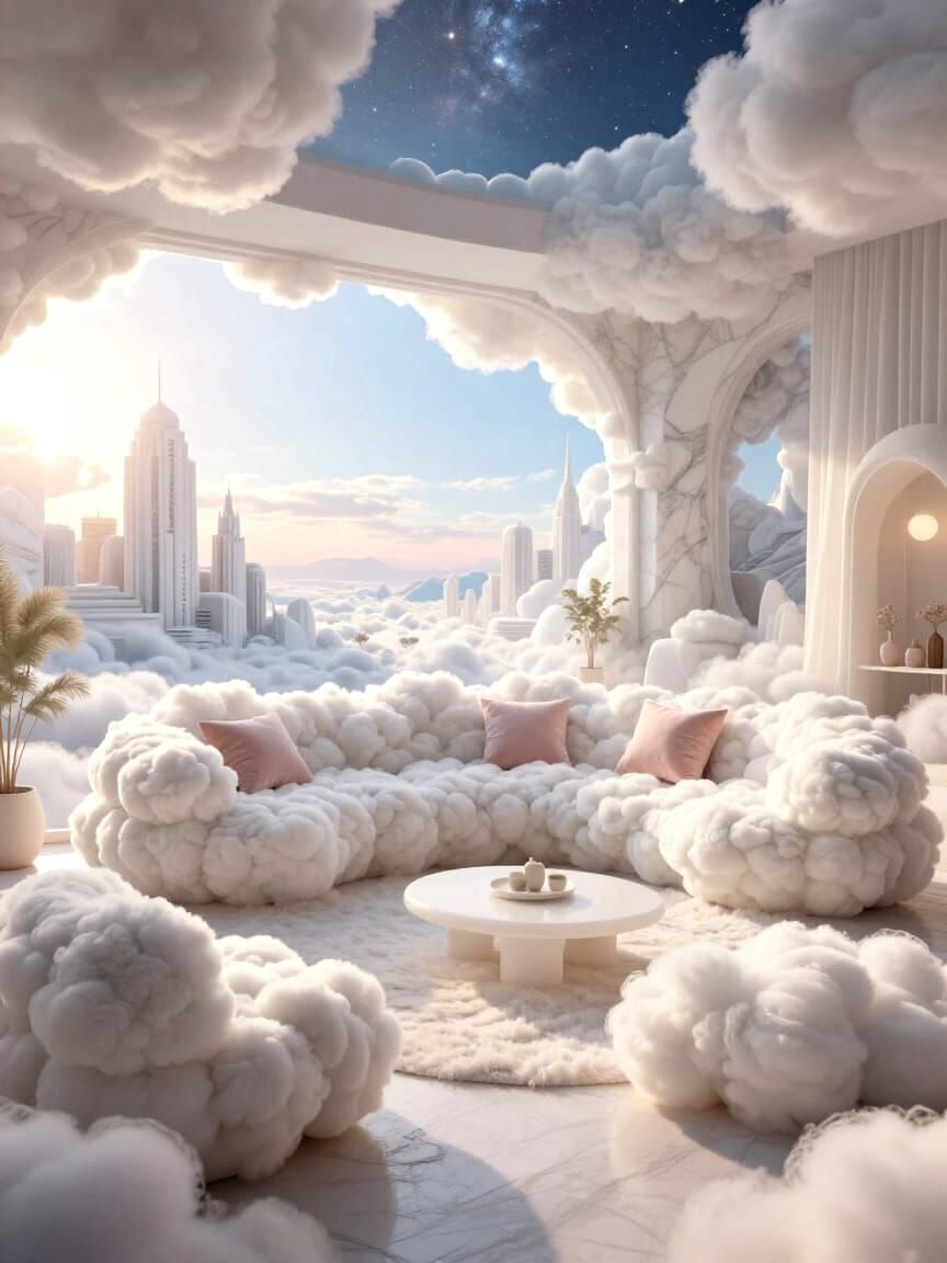 Cloud Living Room with Impossible Furniture in Golden Hour L...