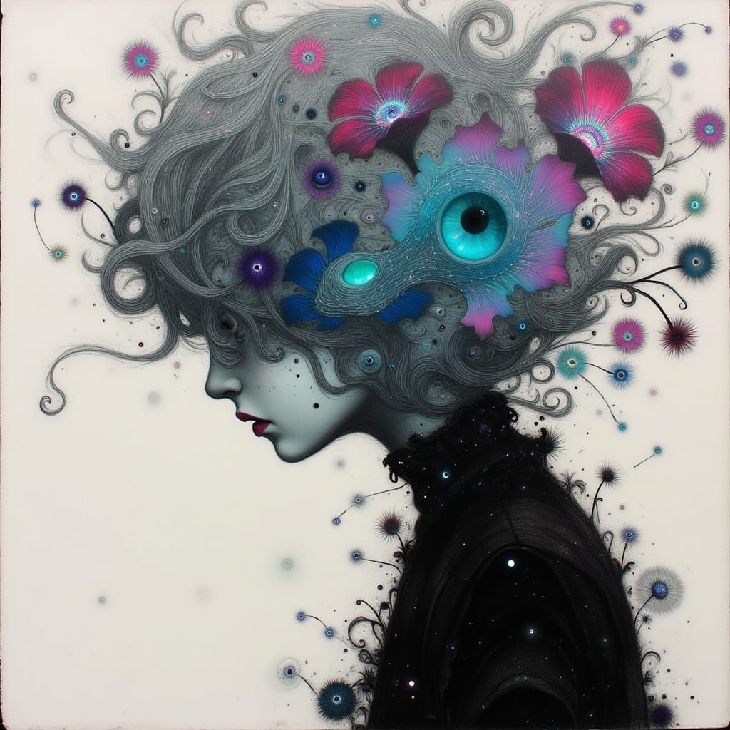 Dreamlike Contemplation in Dark, Ethereal Elegance