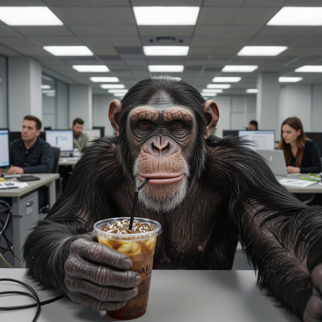 Tired Chimp Takes Office Selfie in Bleakly Comic Style