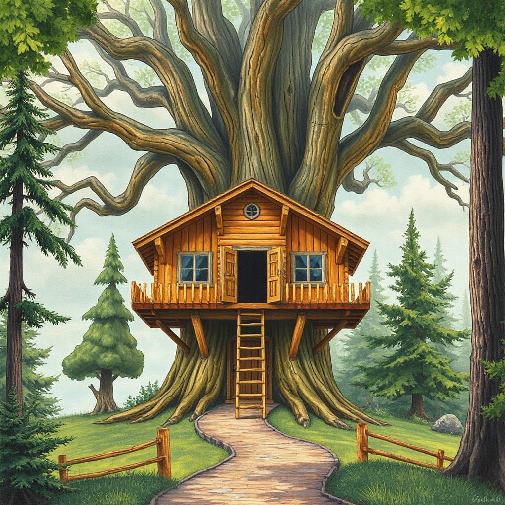 Vibrant Tree House in Majestic Oak, Psychedelic Crayon Style