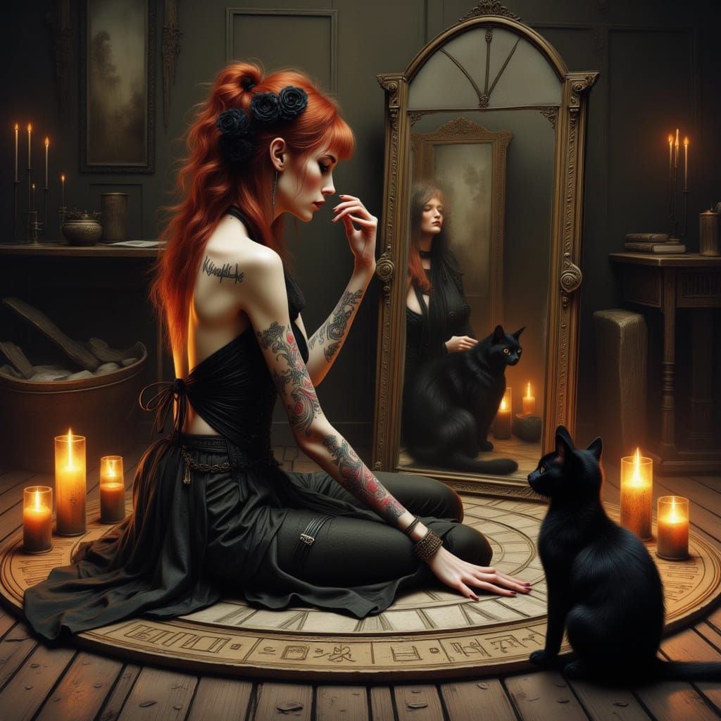 Lilith Stares into a Mirror in a Rune Circle