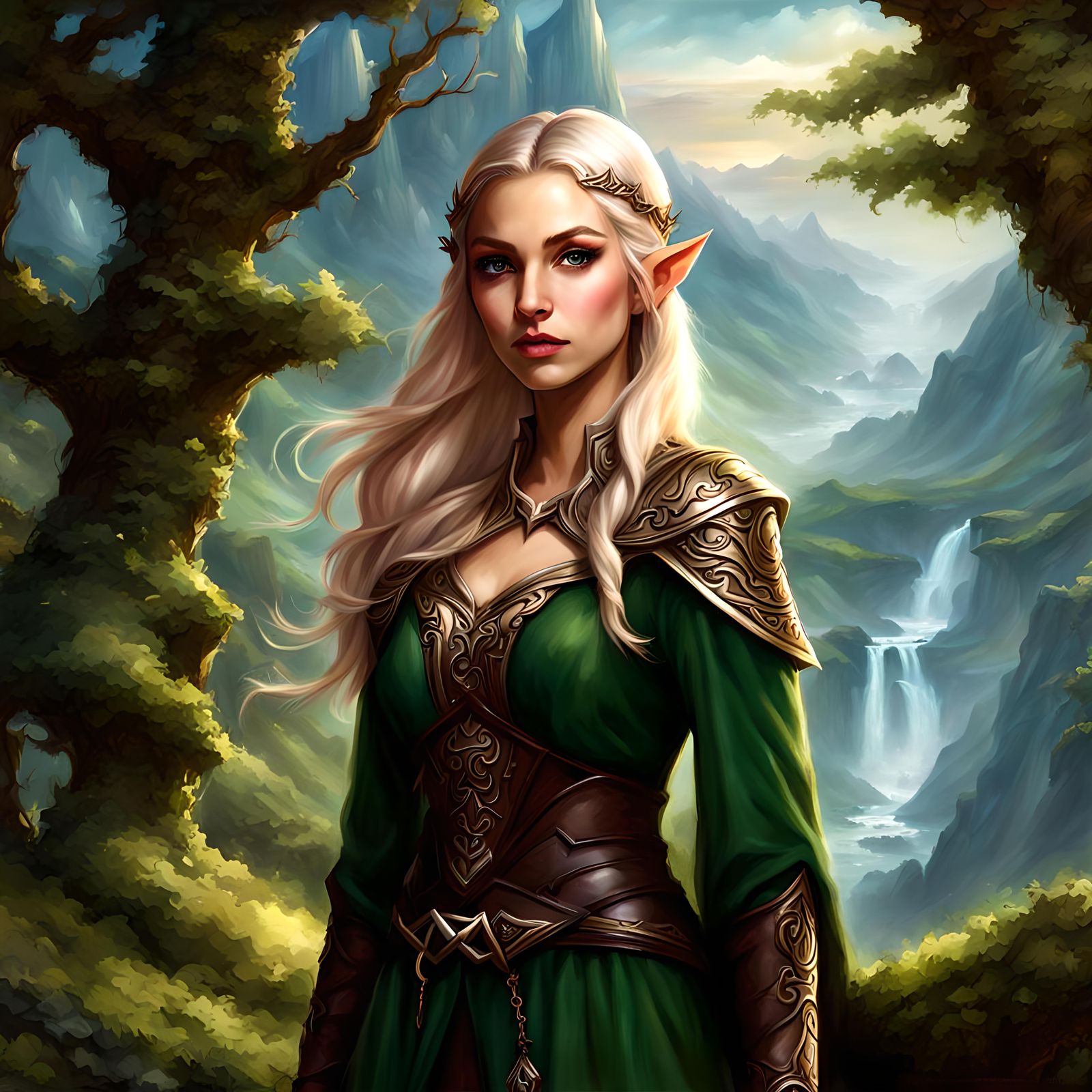 Fantasy elf,  Background Mountains, fantasy  forest, By alic...