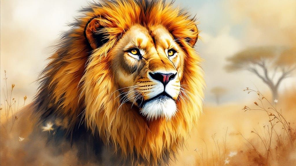 Lion in Watercolour Style With Dreamy Savannah Backdrop
