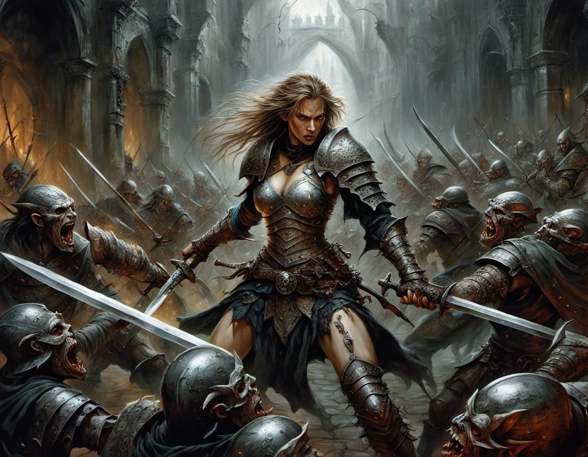 Young Adventurer Battles Goblins in Dark Fantasy Dungeon