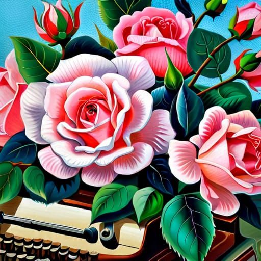 A insanely detailed painting of a typewriter, a bouquet of fantastical dreamy heavenly beautiful Rose flowers in a Clois...