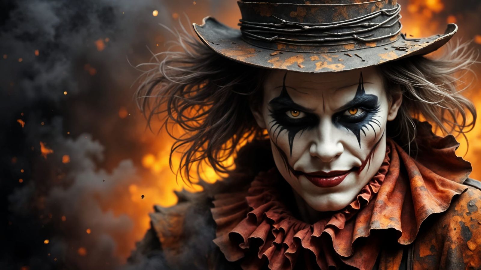 Gothic Jester Before Fiery Background in Watercolor Wash