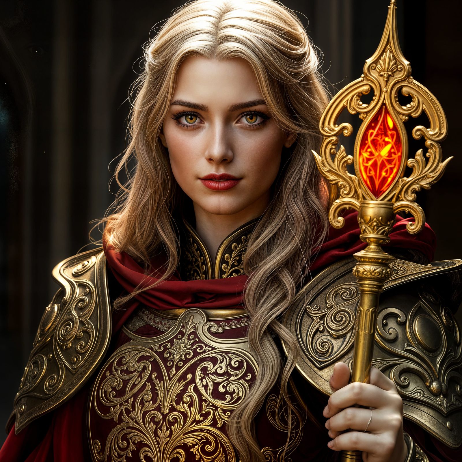 Regal Human Cleric in Golden Armor with Radiant Hair