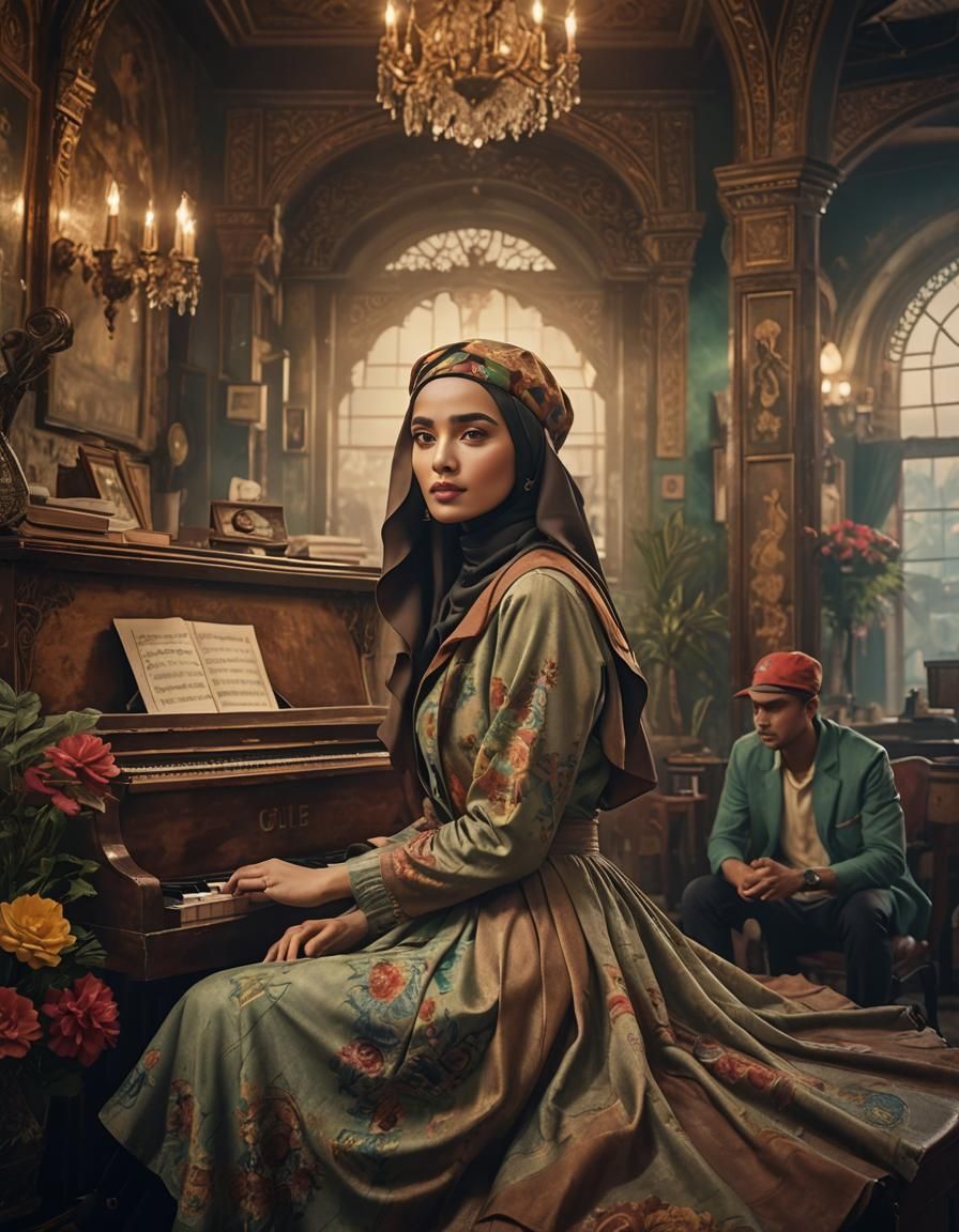 Vintage Indonesian Man with Piano in Realistic Photo