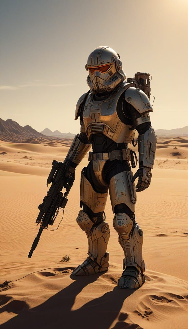 Cyborg Ewok Searches Desert Landscape Under Twin Suns