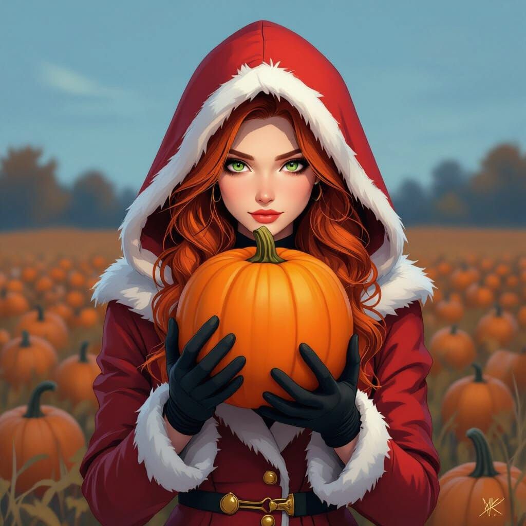 Mysterious Woman in Pumpkin Field, 2D Digital Art